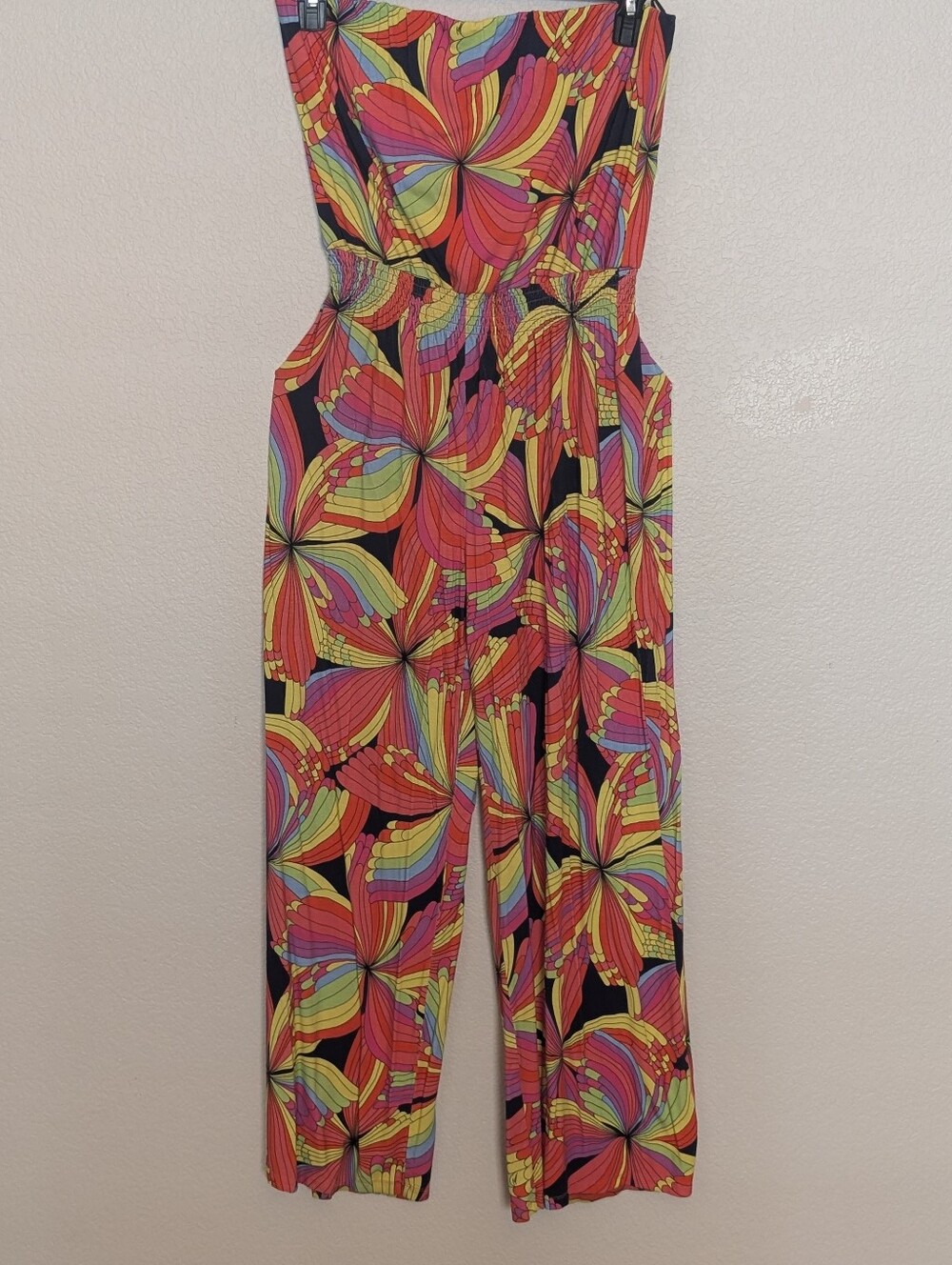 Trina Turk Strapless Floral-Print Jumpsuit in Black with Multicolor Blooms